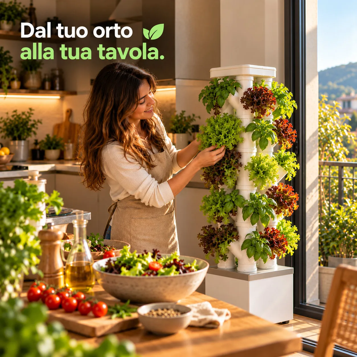 Donna che raccoglie lattuga dal KIT ALE